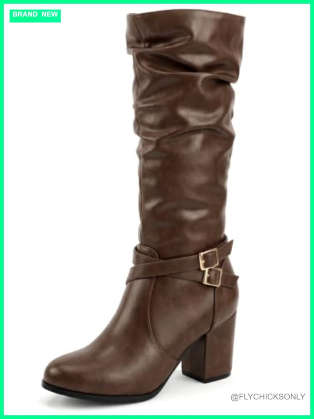 Allegra K Women's Faux Leather Slouch Buckle Knee High Biker Boots Chunky Heel